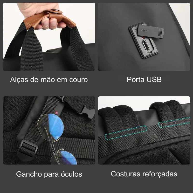 Porta USB externa da mochila HK Design, gancho para óculos