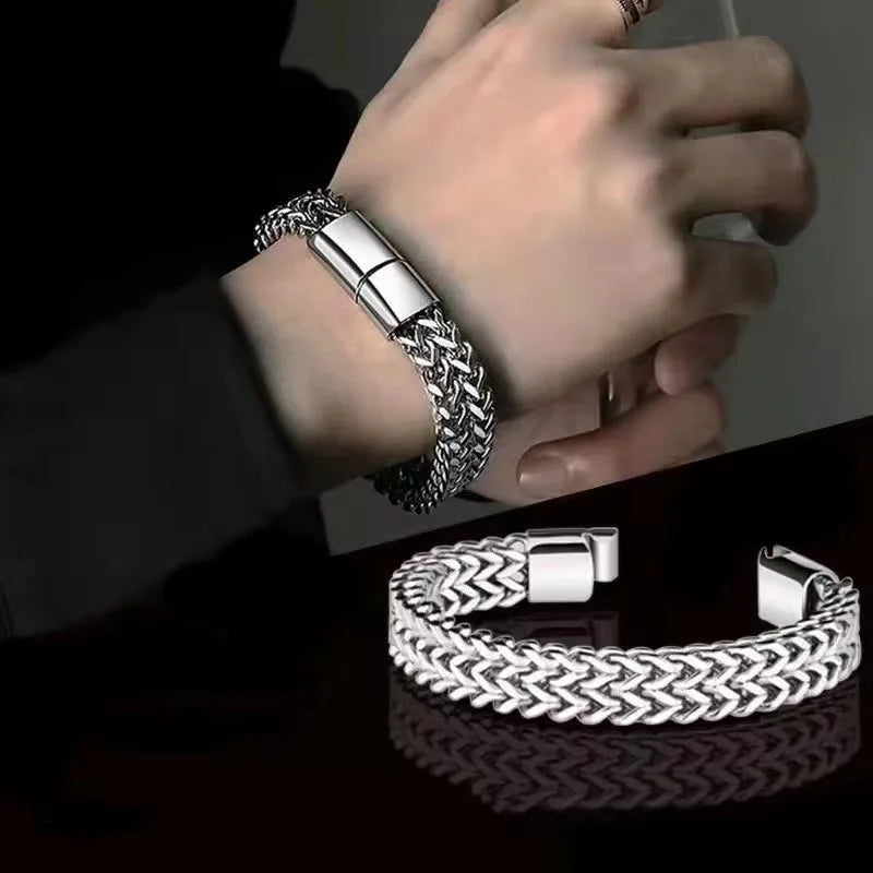 Pulseira Masculina Elo Cubano Duplo em Aço Inoxidável prateada – foto principal