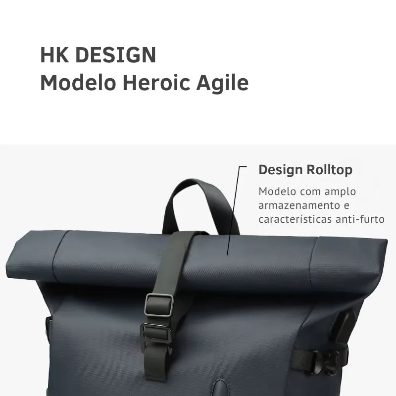 Mochila Executiva Impermeável Rolltop para Laptop 15.6" com USB | Heroic Agile Cinza